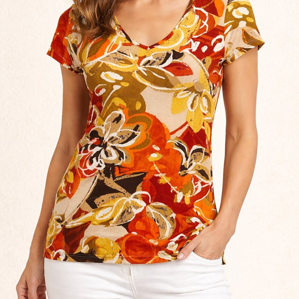 Chico's V-neck brown/gold/orange abstract top short sleeve Size 0, S